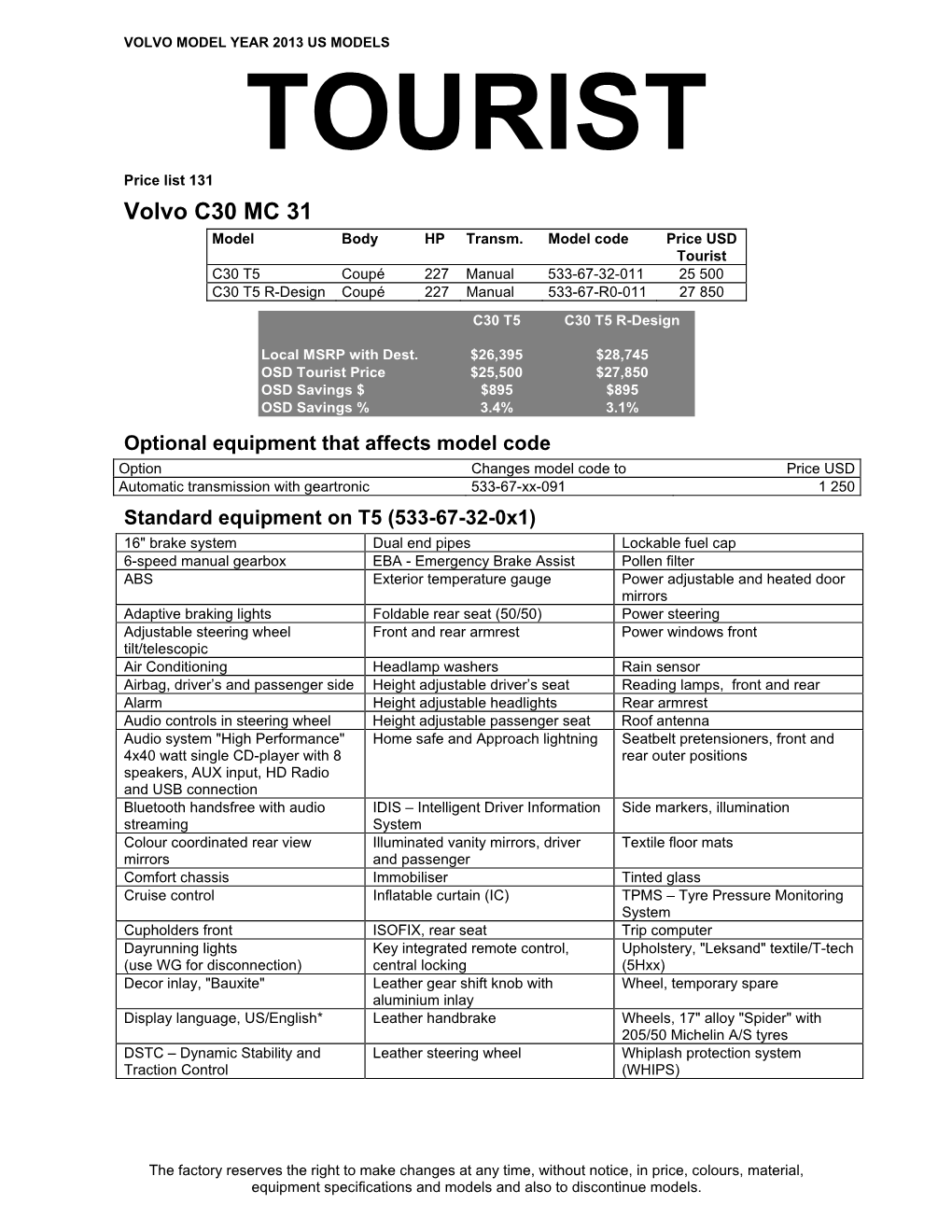 TOURIST Price List 131 Volvo C30 MC 31 Model Body HP Transm