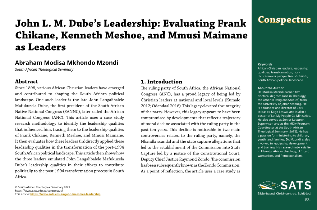 Evaluating Frank Chikane, Kenneth Meshoe, and Mmusi Maimane As