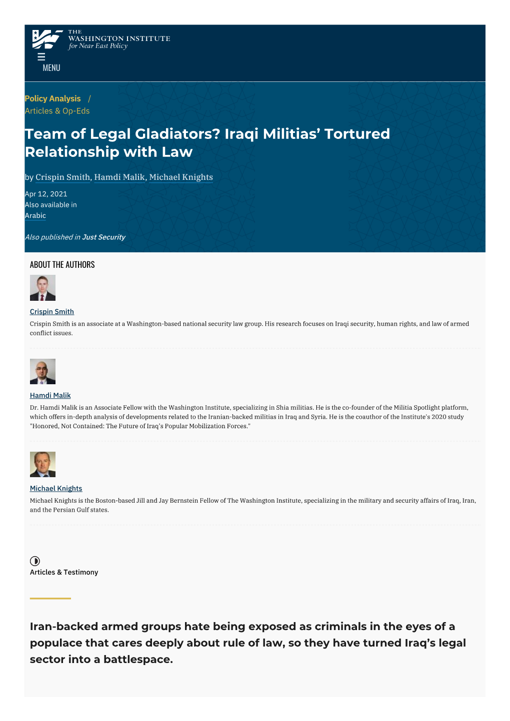 Team of Legal Gladiators? Iraqi Militias' Tortured Relationship With