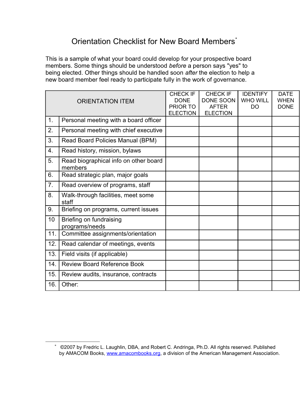 Orientation Checklist for New Board Members*