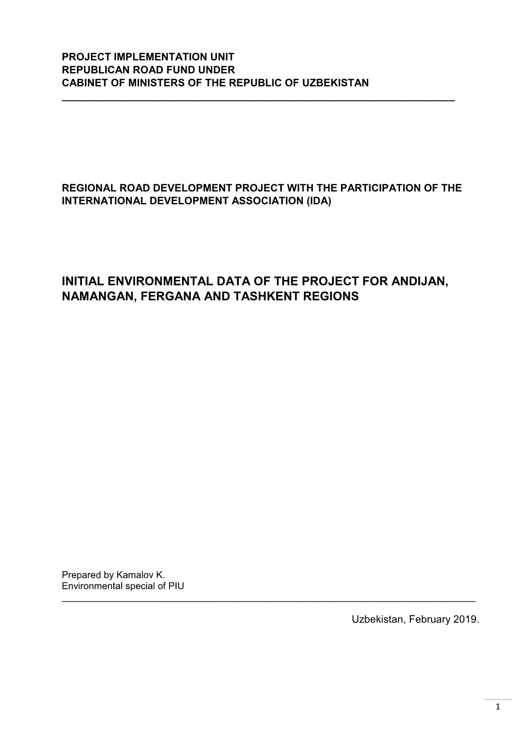 Initial Environmental Data of the Project for Andijan, Namangan, Fergana and Tashkent Regions