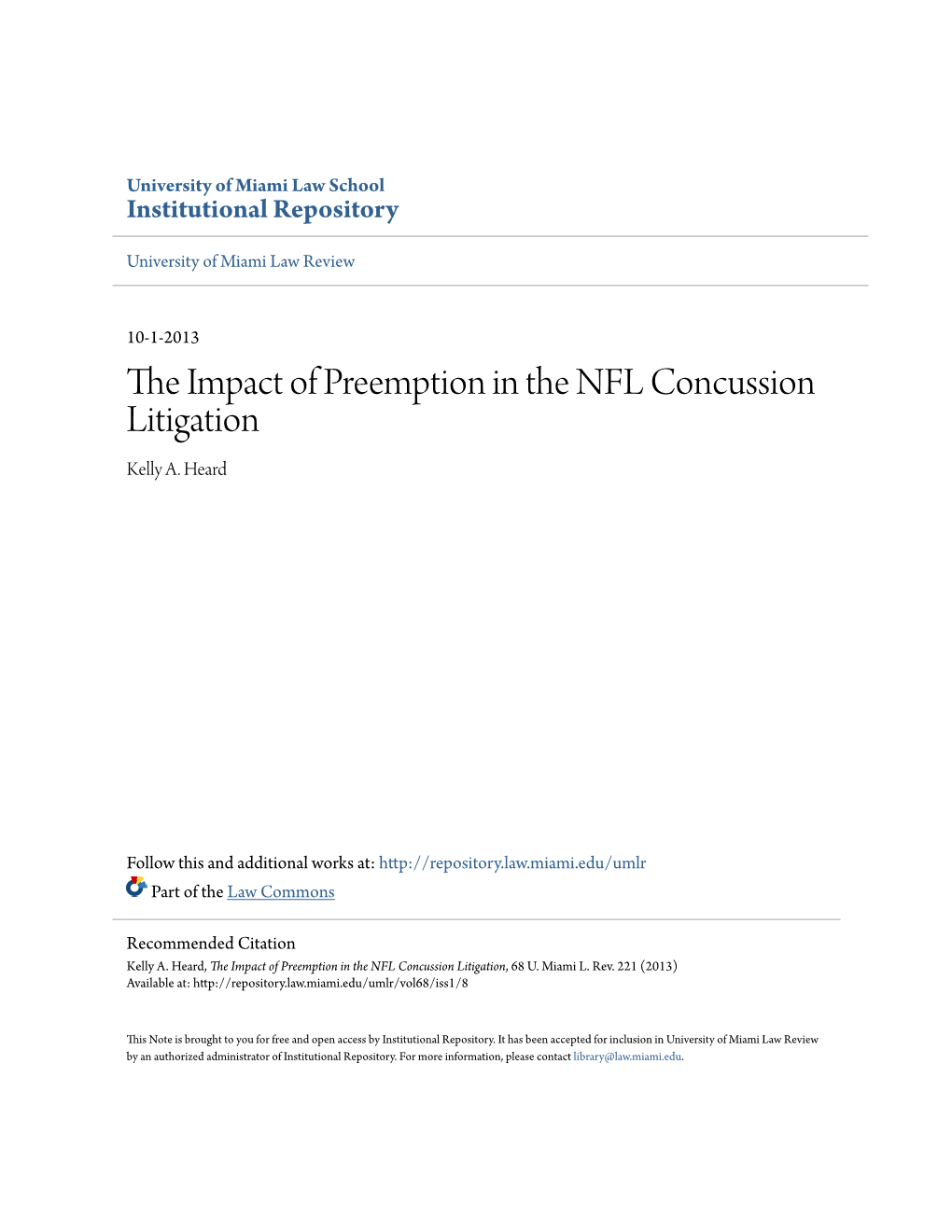 The Impact of Preemption in the NFL Concussion Litigation, 68 U