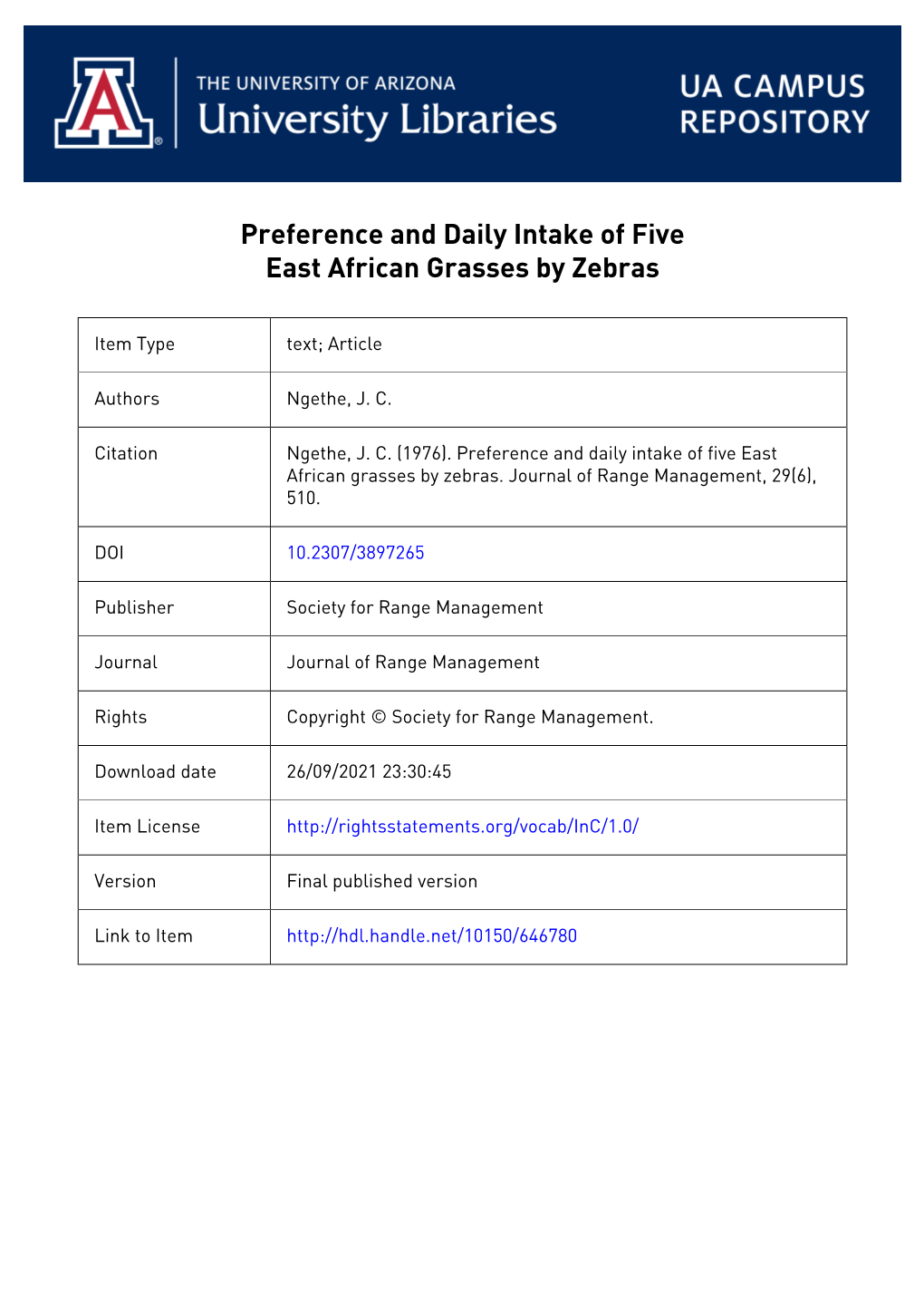 Preference and Daily Intake of Five East African Grasses by Zebras