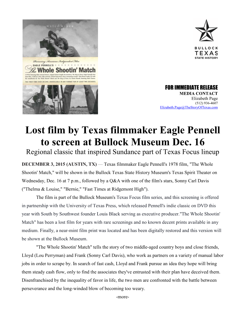 Lost Film by Texas Filmmaker Eagle Pennell to Screen at Bullock Museum Dec