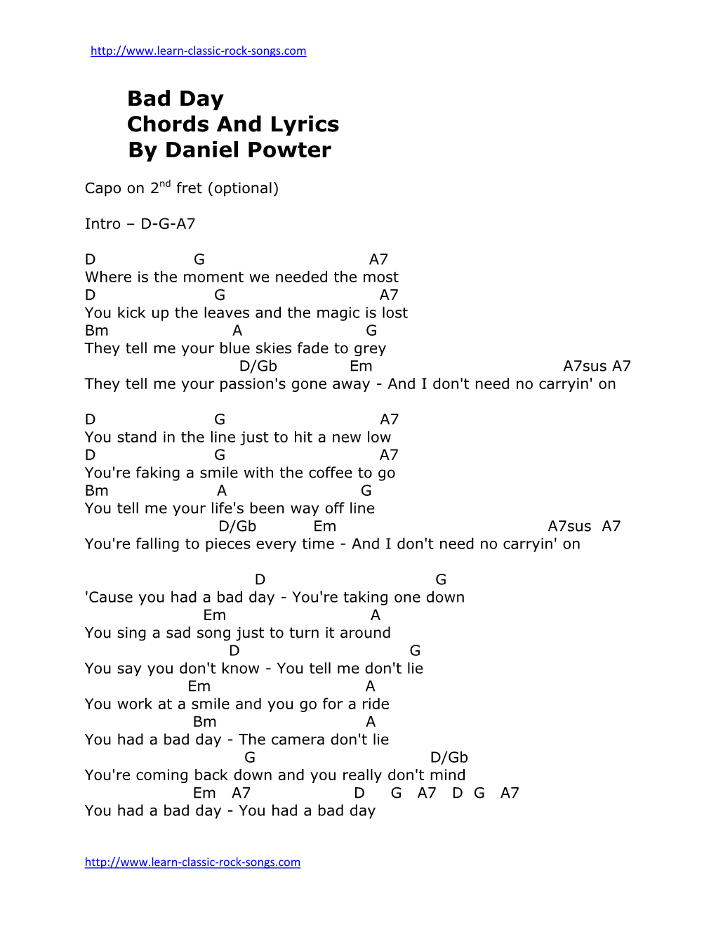 Bad Day Chords and Lyrics by Daniel Powter