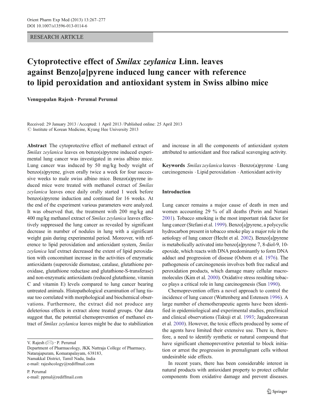 Cytoprotective Effect of Smilax Zeylanica Linn. Leaves Against Benzo[A]Pyrene Induced Lung Cancer with Reference to Lipid Peroxi