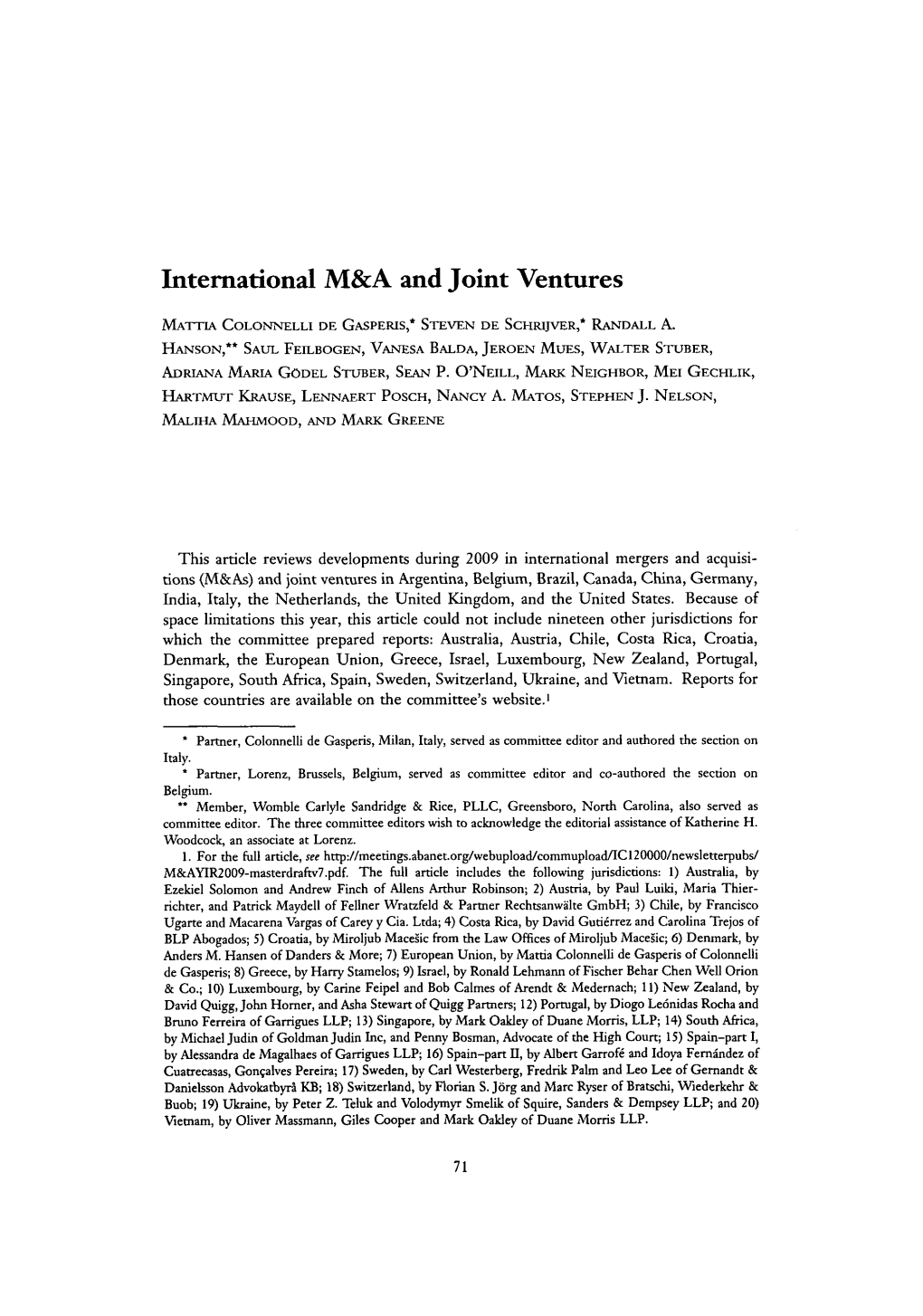 International M&A and Joint Ventures