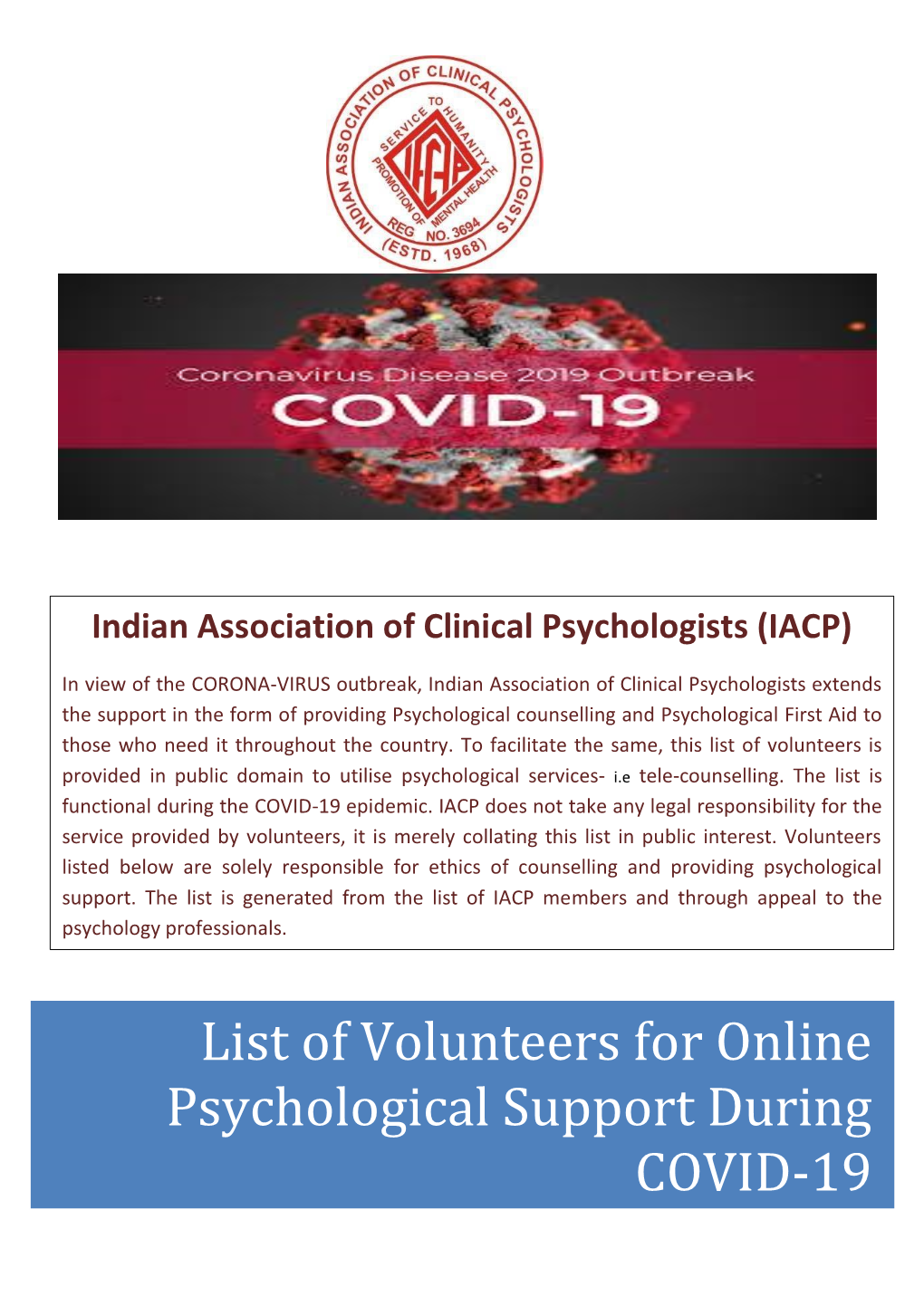 List of Volunteers for Online Psychological Support During COVID-19 List of Volunteers for COVID-19 Tele-Support Name Contact No