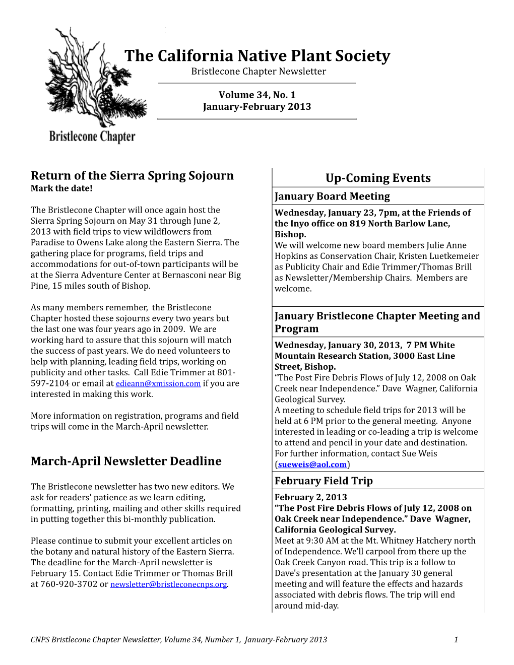 Bristlecone Chapter Newsletter, January-February 2012, V34, N1