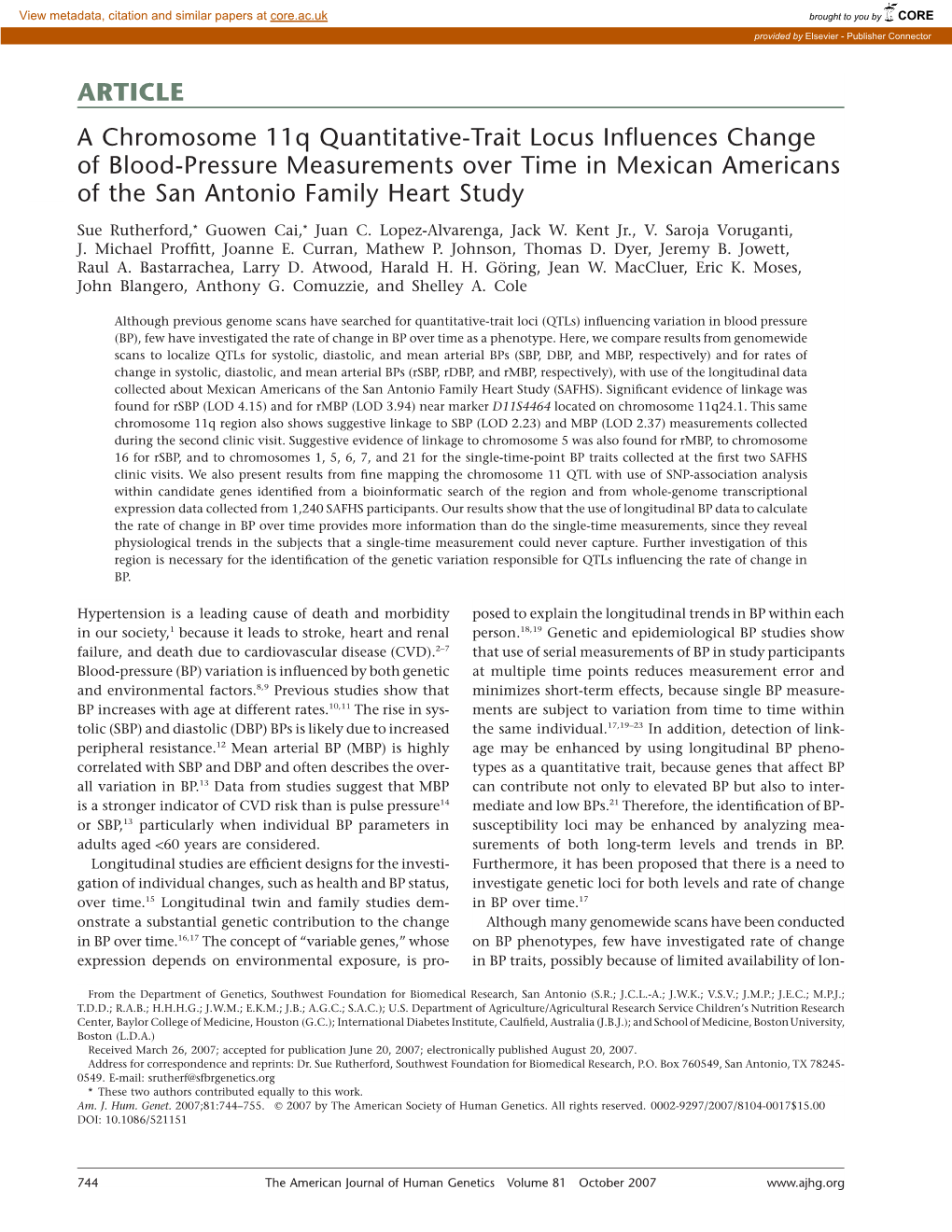 ARTICLE a Chromosome 11Q Quantitative-Trait Locus Influences Change of Blood-Pressure Measurements Over Time in Mexican American