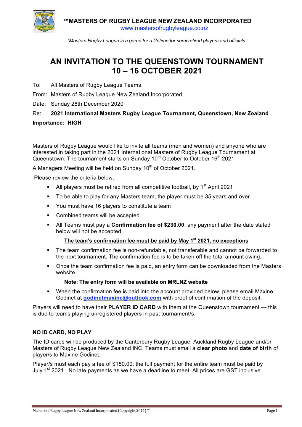 International Masters of Rugby League Invitation Guidelines