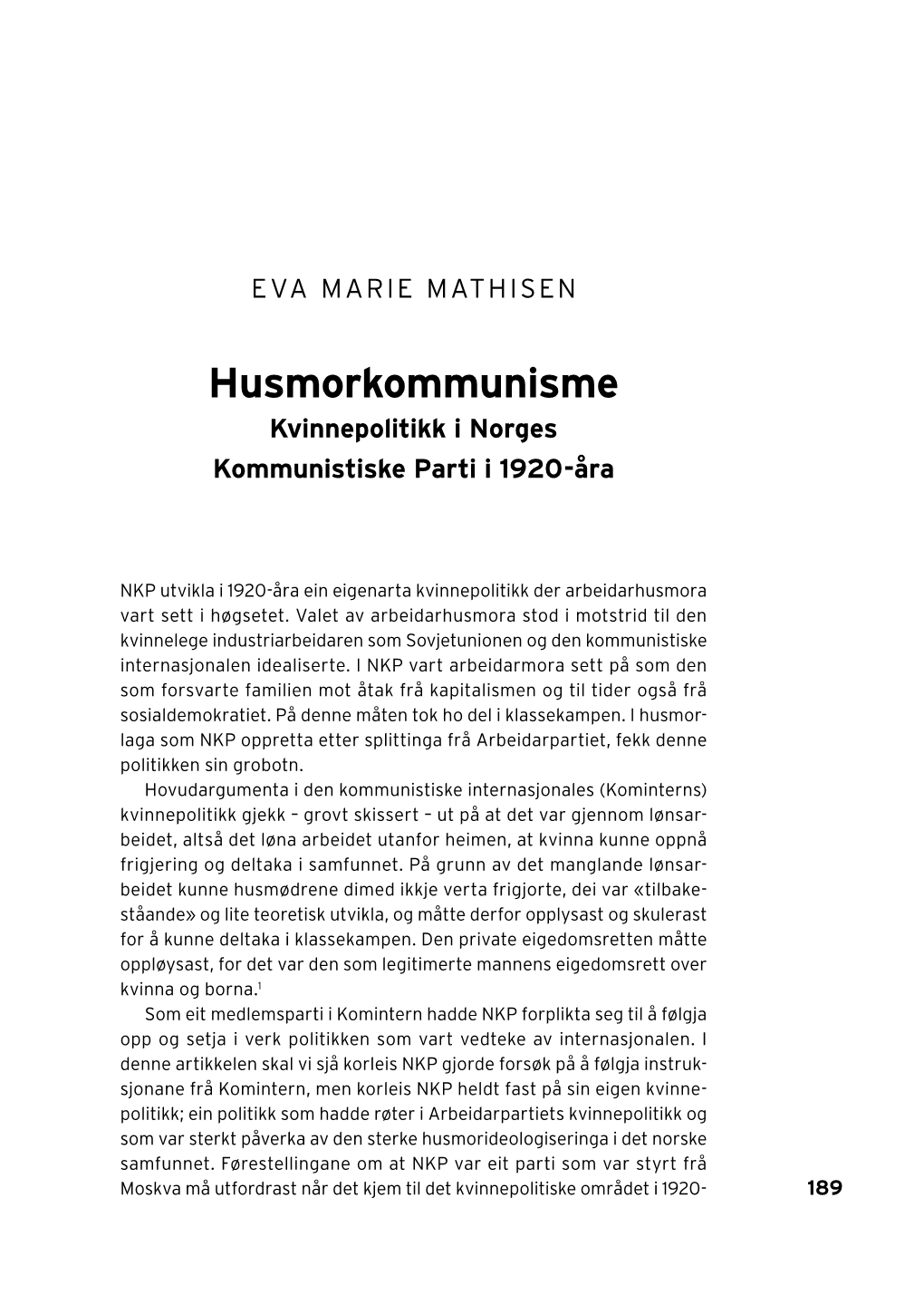 Husmorkommunisme Kvinnepolitikk I Norges Kommunistiske Parti I 1920-Åra