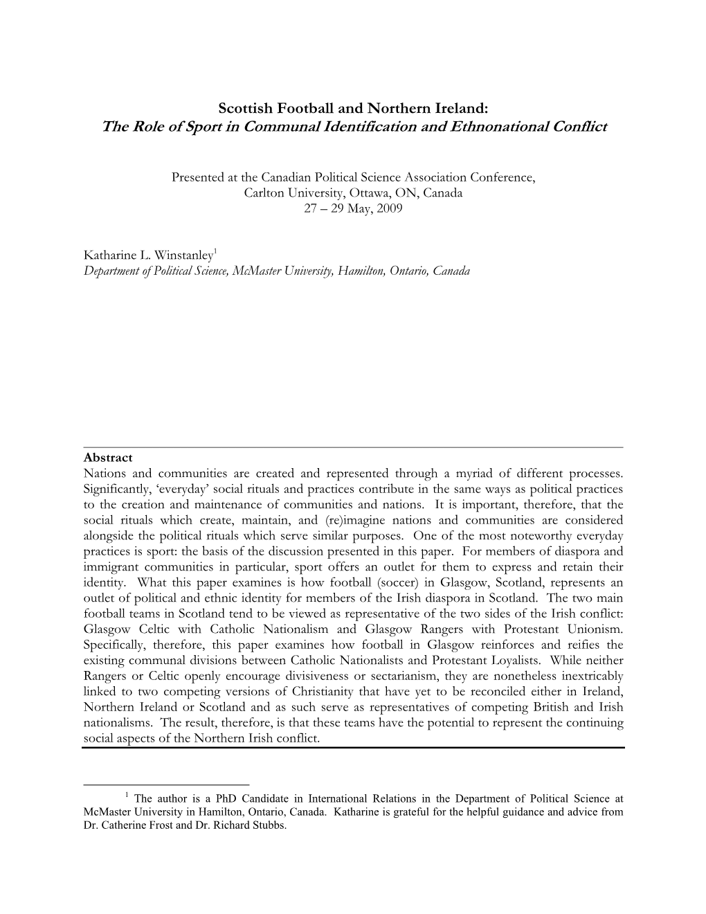 The Role of Sport in Communal Identification and Ethnonational Conflict