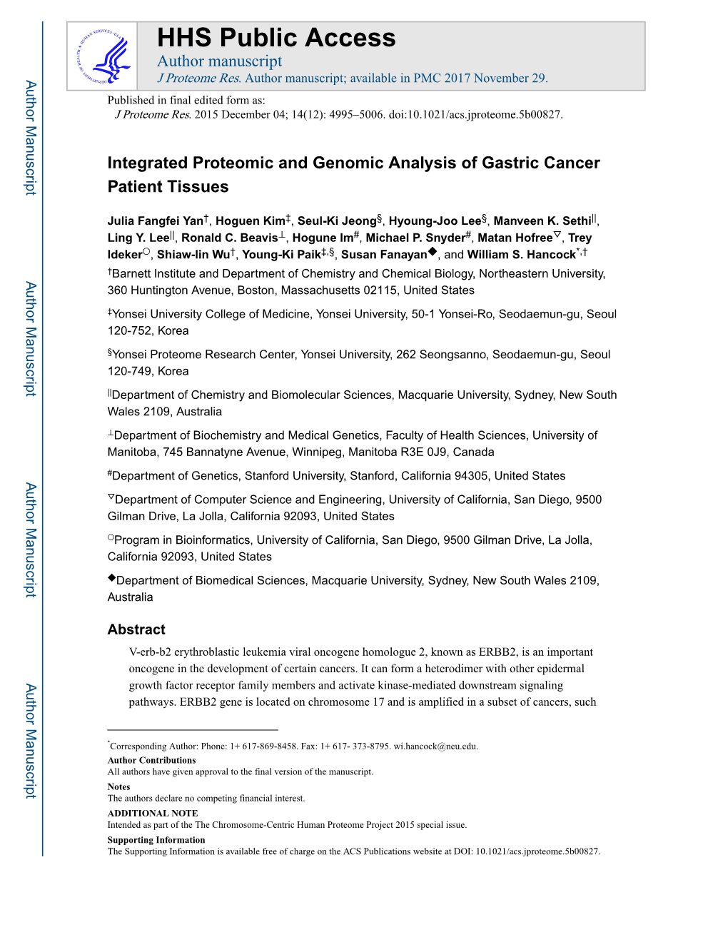 Integrated Proteomic and Genomic Analysis of Gastric Cancer Patient Tissues