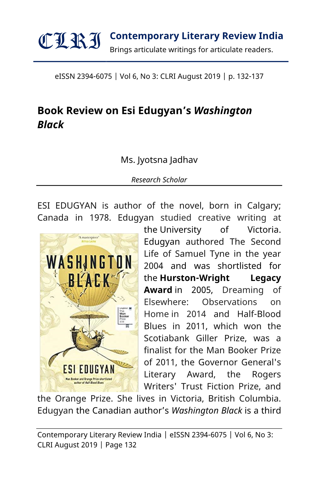 Book Review on Esi Edugyan's Washington Black