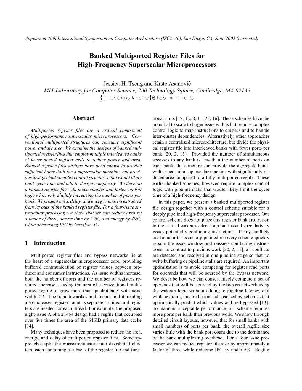 Banked Multiported Register Files for High-Frequency Superscalar Microprocessors