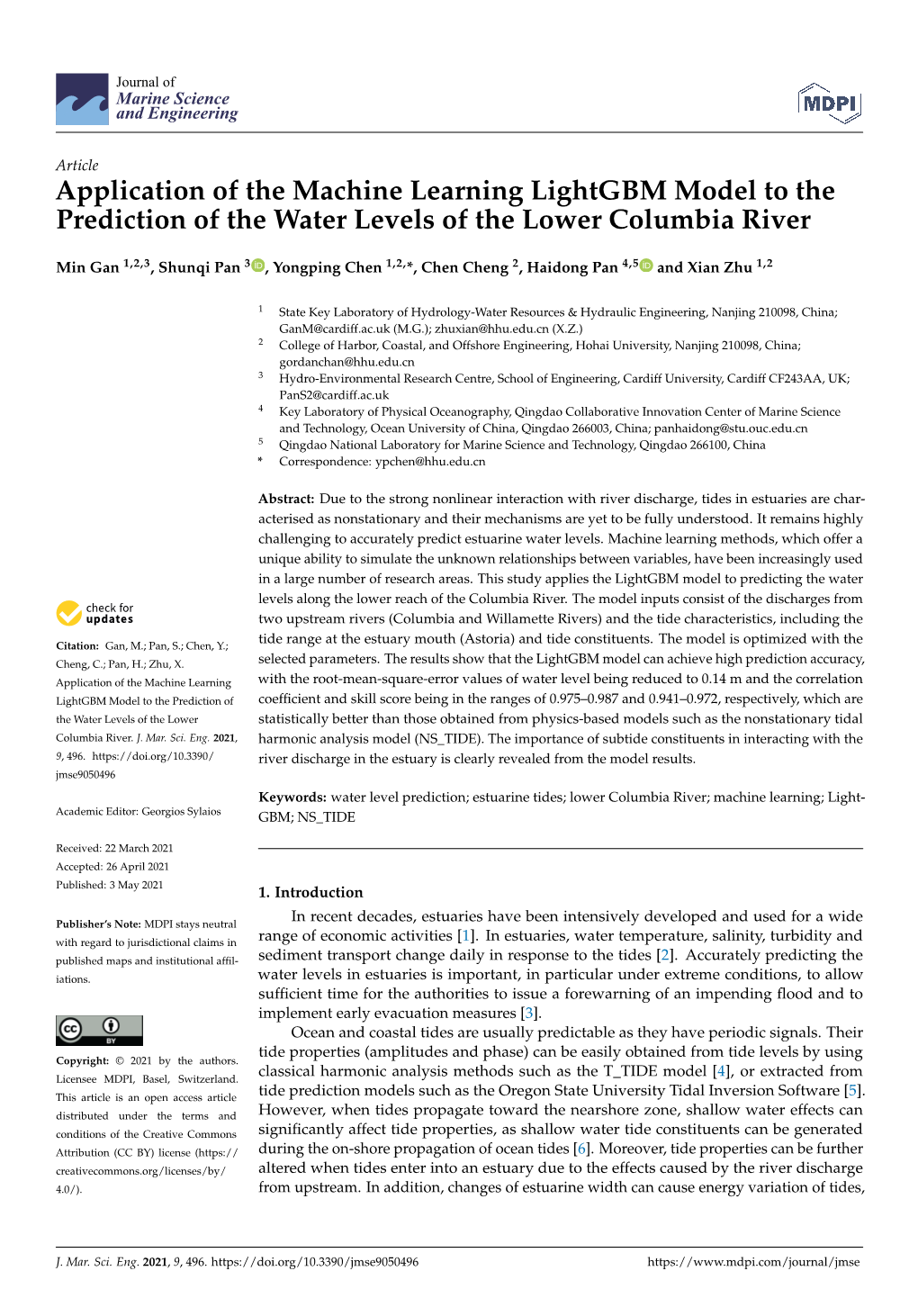 Application of the Machine Learning Lightgbm Model to the Prediction of the Water Levels of the Lower Columbia River