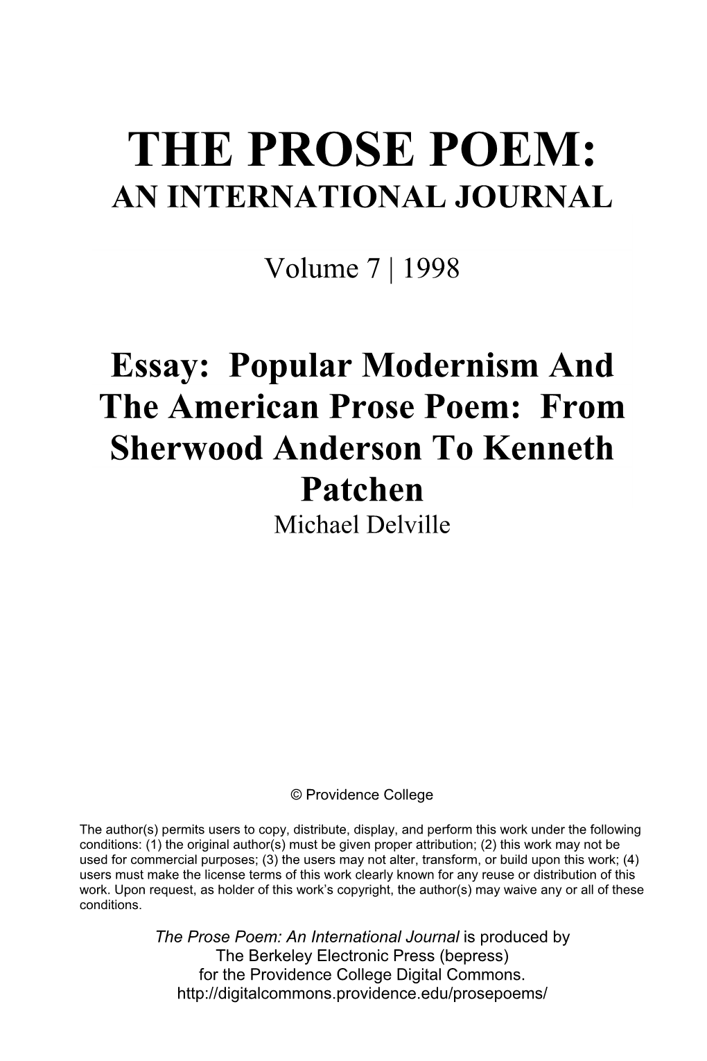 Essay: Popular Modernism and the American Prose Poem: from Sherwood Anderson to Kenneth Patchen Michael Delville