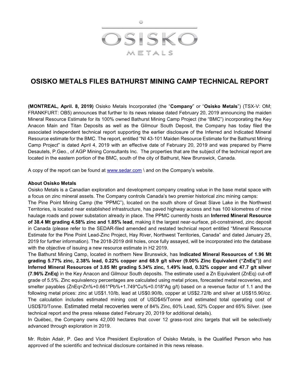 Osisko Metals Files Bathurst Mining Camp Technical Report