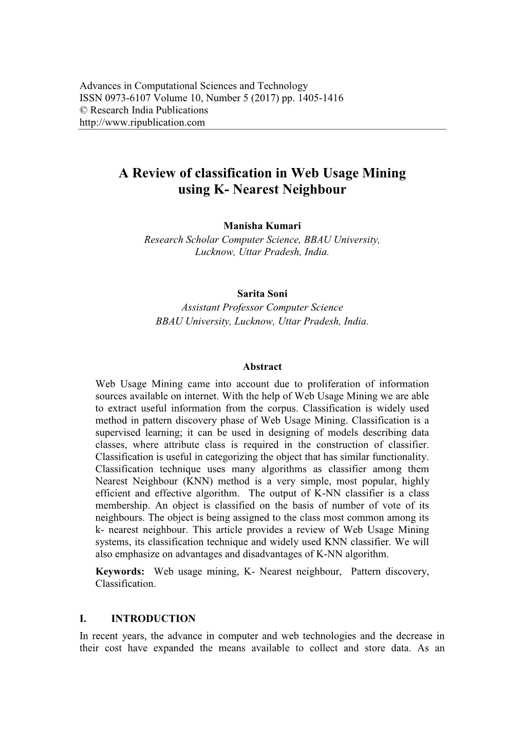 A Review of Classification in Web Usage Mining Using K- Nearest Neighbour