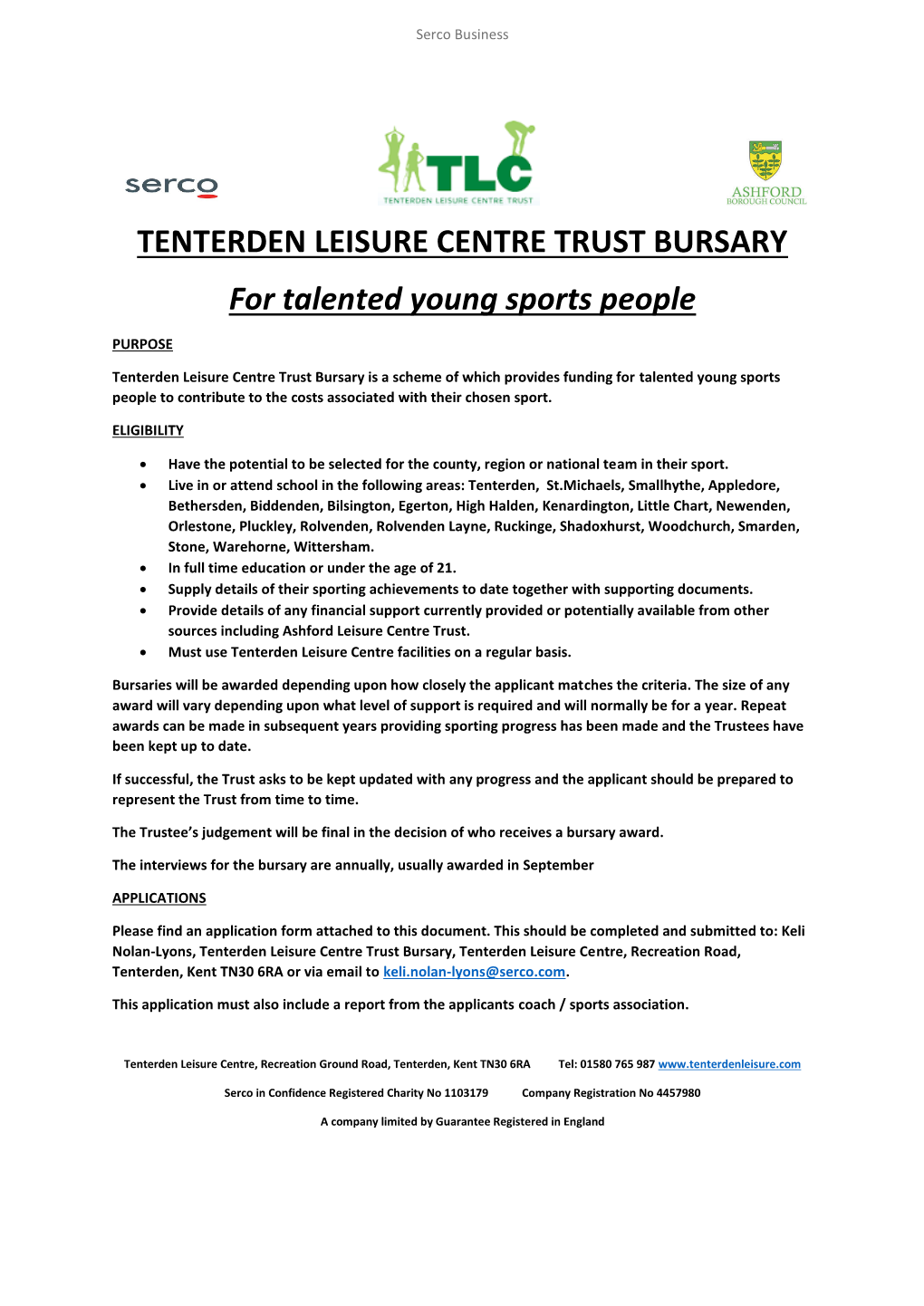TENTERDEN LEISURE CENTRE TRUST BURSARY for Talented Young Sports People