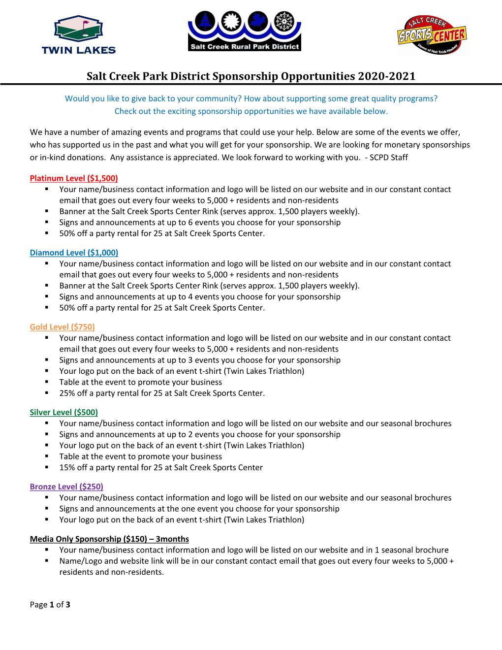 Salt Creek Park District Sponsorship Opportunities 2020-2021