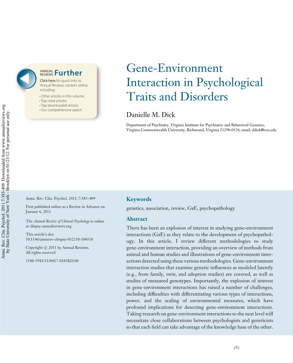 Gene-Environment Interaction in Psychological Traits and Disorders