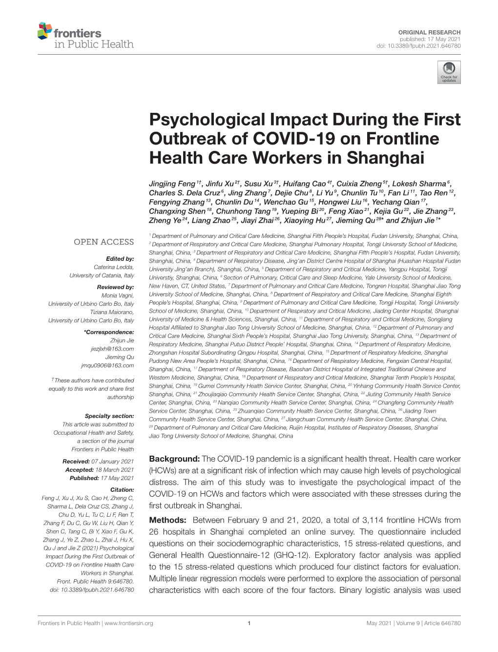 Psychological Impact During the First Outbreak of COVID-19 on Frontline Health Care Workers in Shanghai