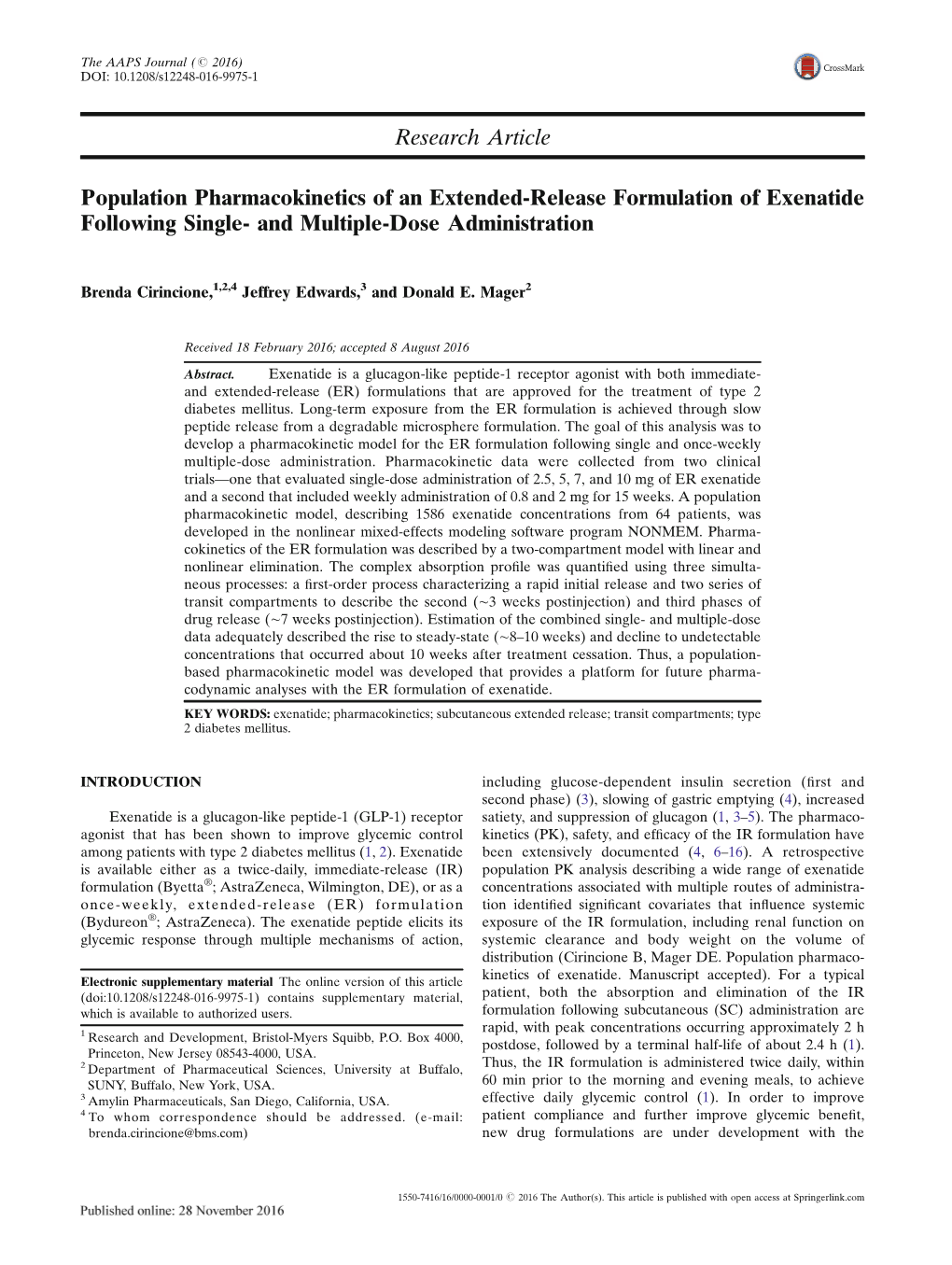Population Pharmacokinetics of an Extended-Release Formulation of Exenatide Following Single- and Multiple-Dose Administration