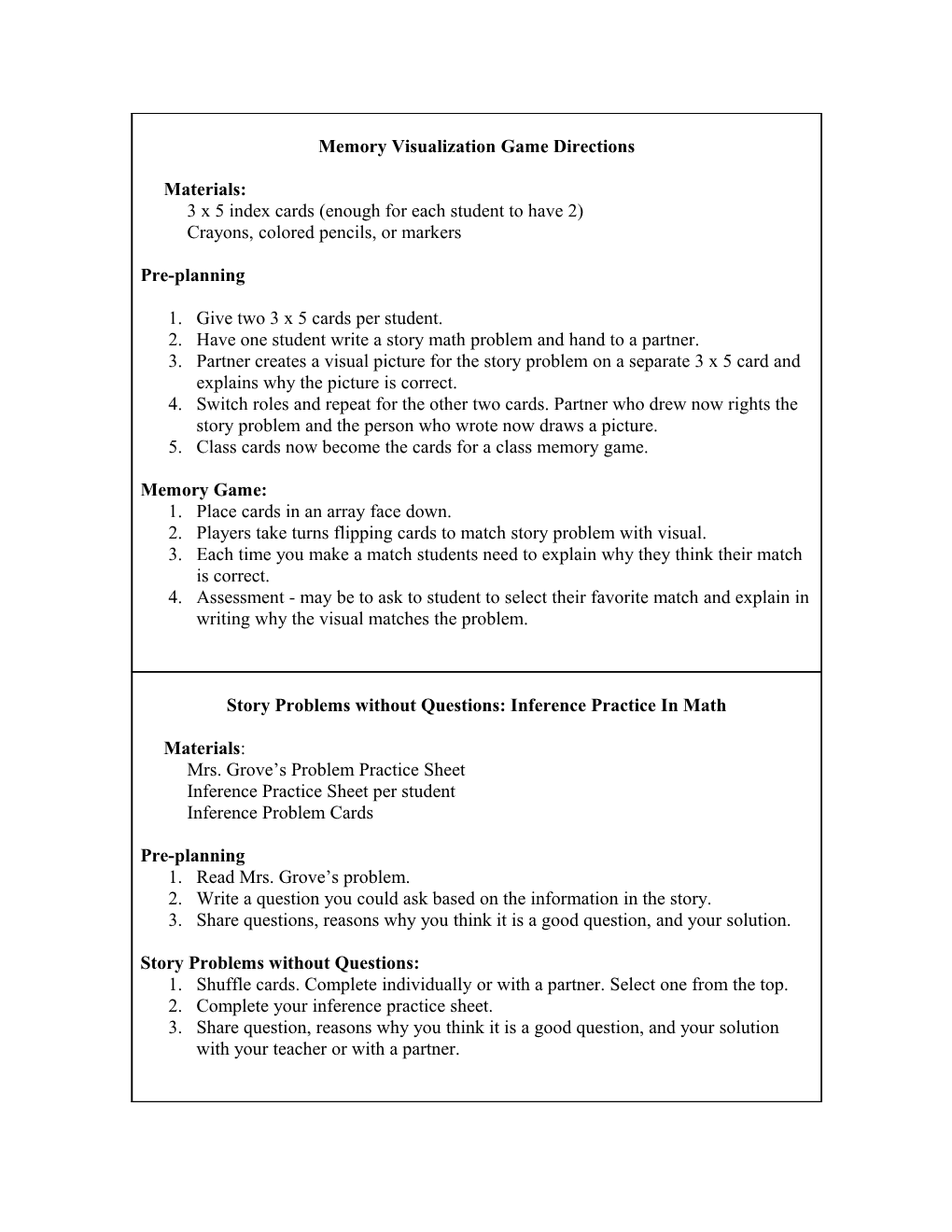 Memory Visualization Game Directions