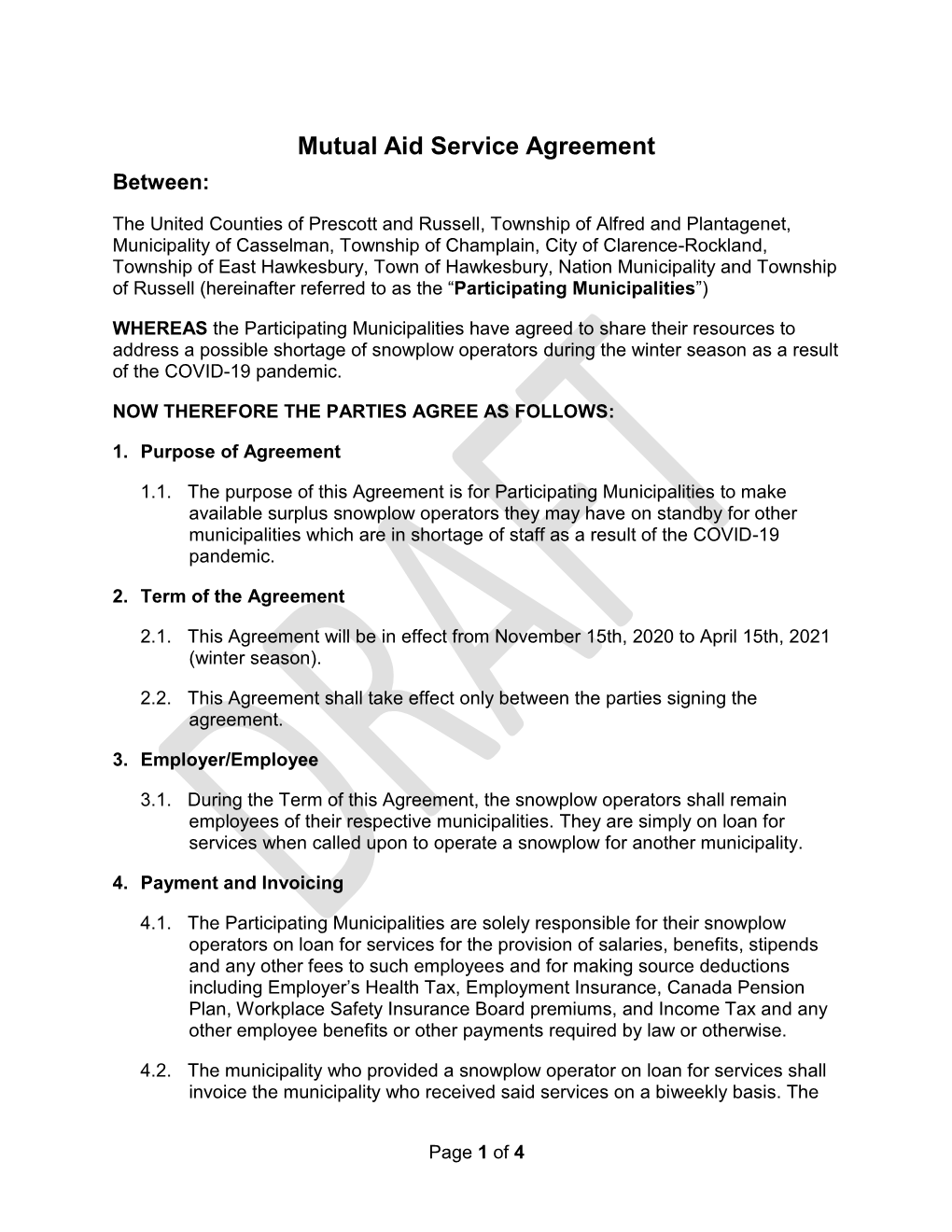 Mutual Aid Service Agreement Between