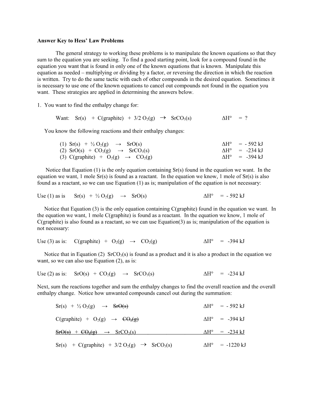 Answer Key to Hess Law Problems