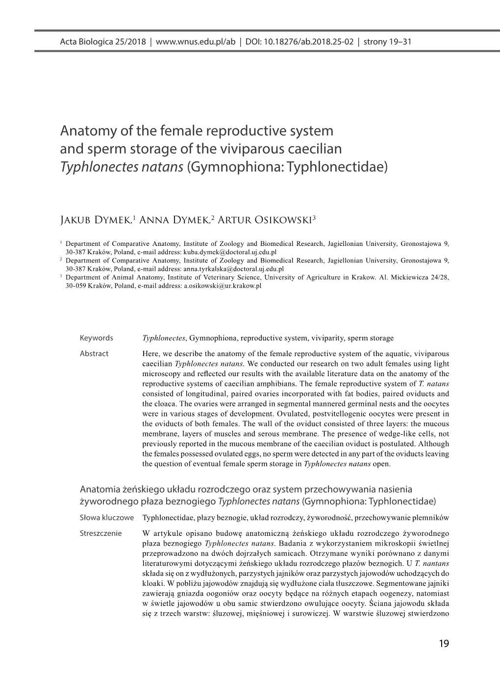 Anatomy of the Female Reproductive System and Sperm Storage of the Viviparous Caecilian Typhlonectes Natans (Gymnophiona: Typhlonectidae)