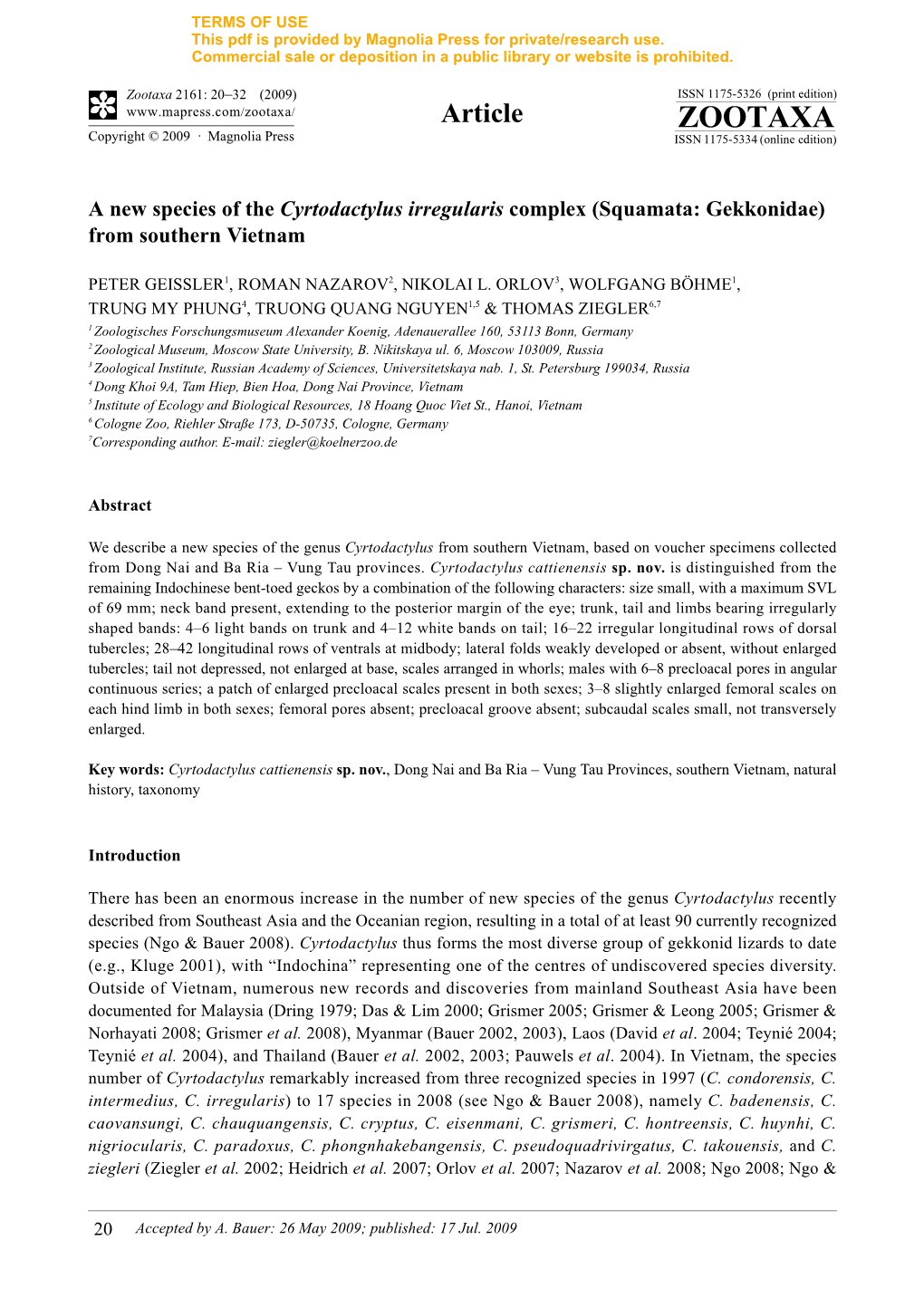 Zootaxa, a New Species of the Cyrtodactylus Irregularis Complex