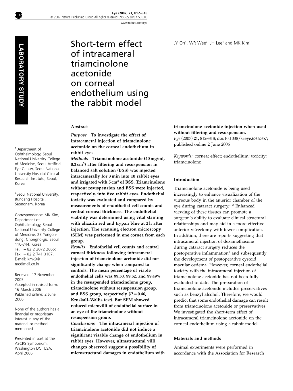 Short-Term Effect of Intracameral Triamcinolone Acetonide on Corneal