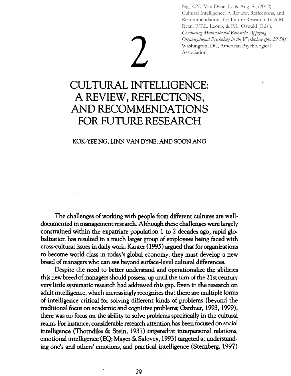 Cultural Intelligence: a Review, Reflections, and Recommendations for Future Research