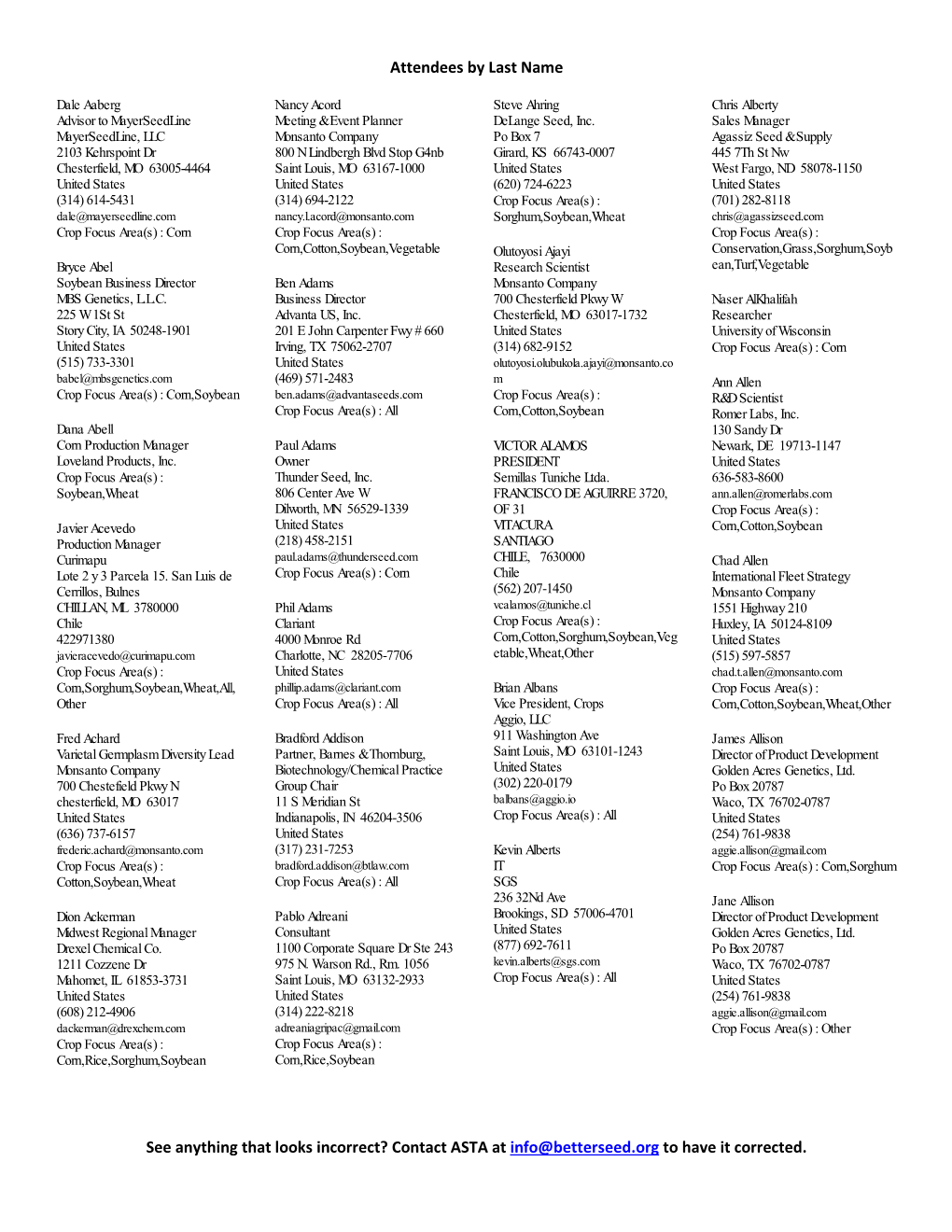 Attendees by Last Name See Anything That Looks Incorrect? Contact ASTA at Info@Betterseed.Org to Have It Corrected