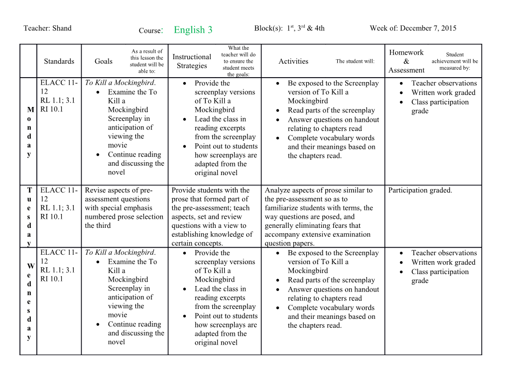 * All Plans Are Subject to Change. Student Progress Will Be Monitored and Adjustments Will