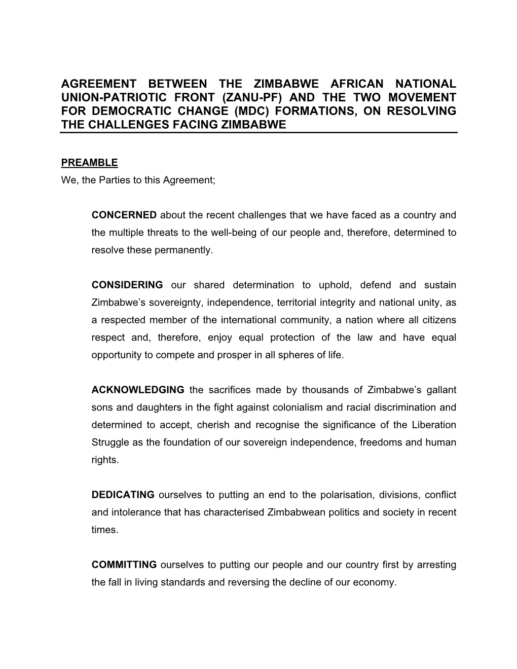 Agreement Between ZANU-PF and the Two MDC Formations on Resolving