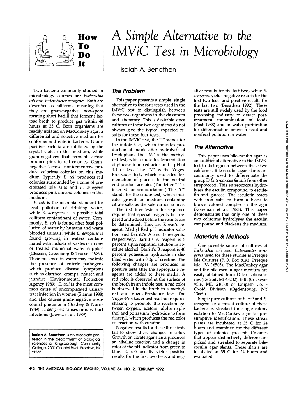 A Simple Alternative to the Imvic Test in Microbiology