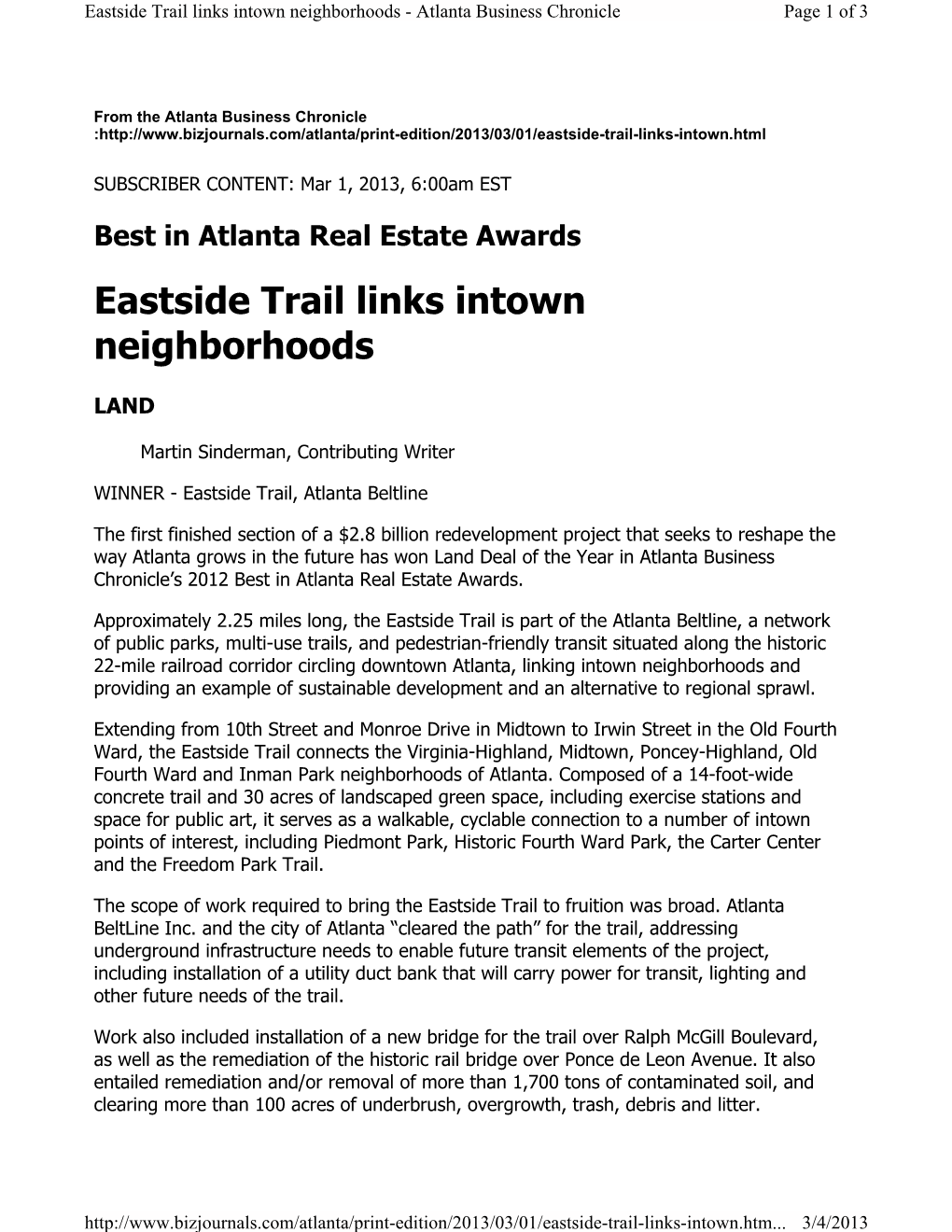 Eastside Trail Links Intown Neighborhoods - Atlanta Business Chronicle Page 1 of 3