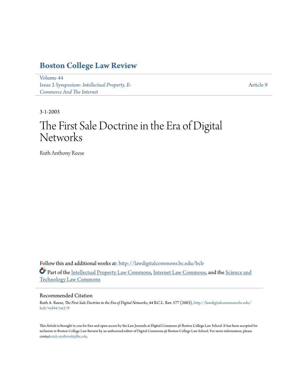 The First Sale Doctrine in the Era of Digital Networks, 44 B.C.L