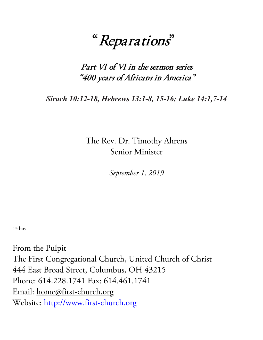 "Reparations" by the Rev. Dr. Tim Ahrens