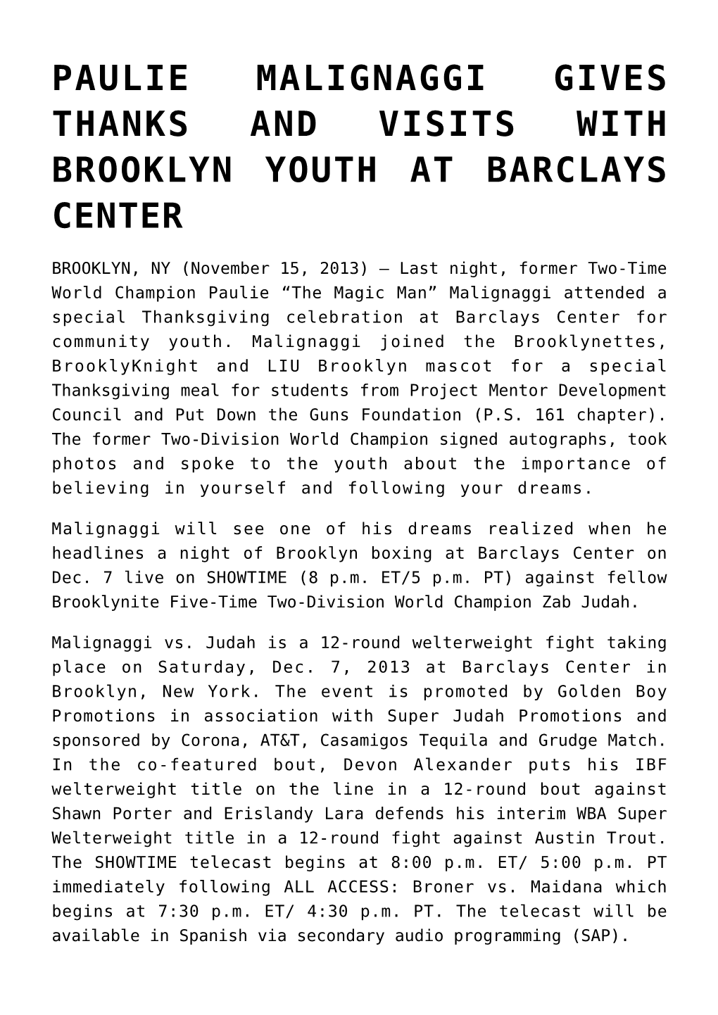 Paulie Malignaggi Gives Thanks and Visits with Brooklyn Youth at Barclays Center