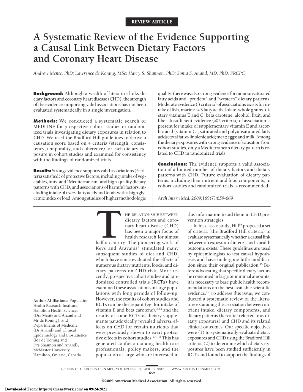 A Systematic Review of the Evidence Supporting a Causal Link Between Dietary Factors and Coronary Heart Disease