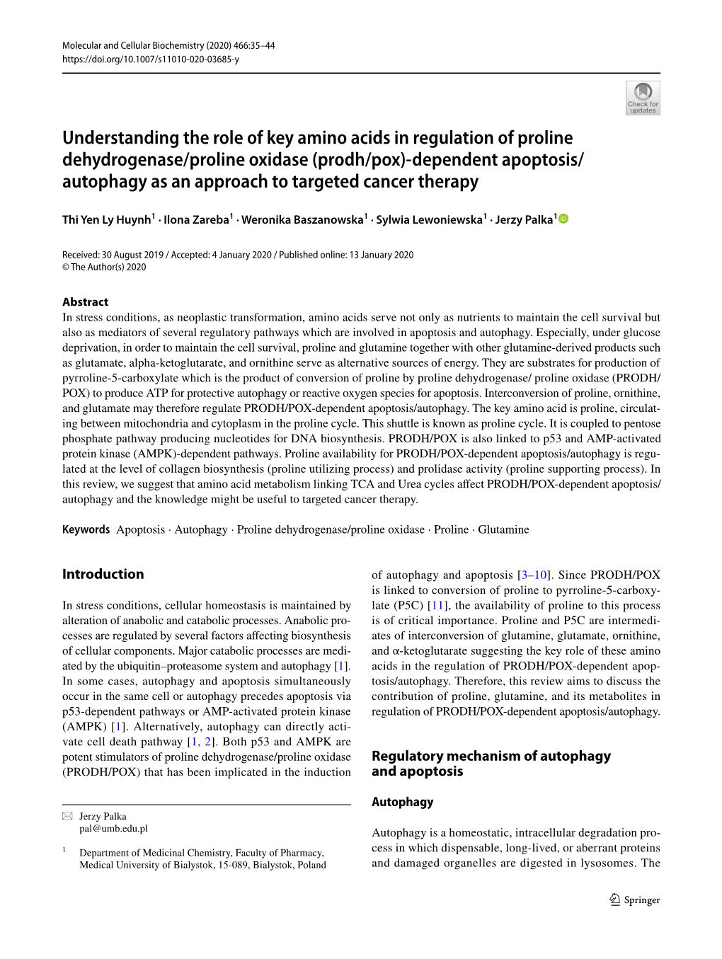 Understanding the Role of Key Amino Acids in Regulation of Proline Dehydrogenase/Proline Oxidase (Prodh/Pox)-Dependent Apoptosis