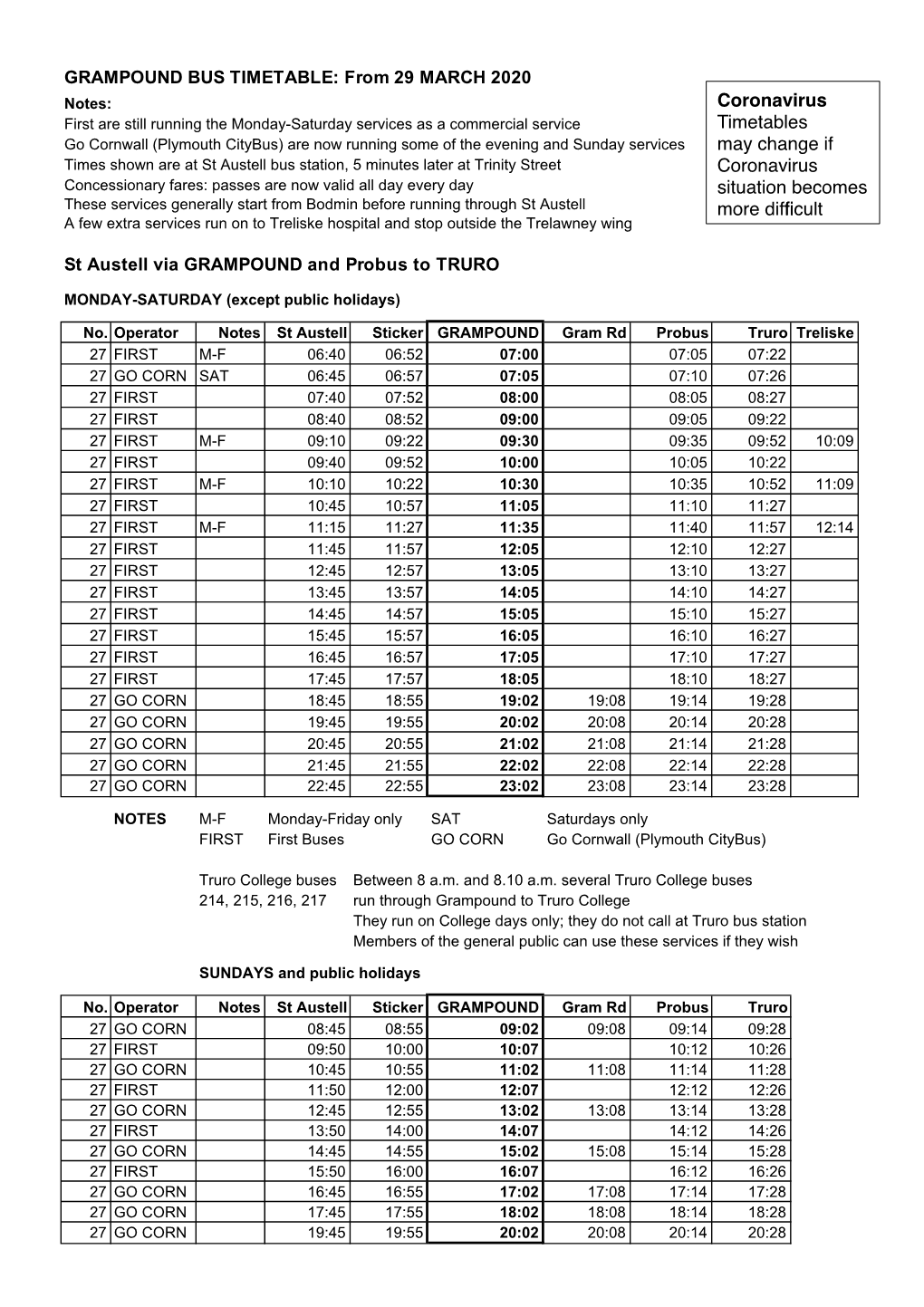 Bus Timetables Grampound April 2020