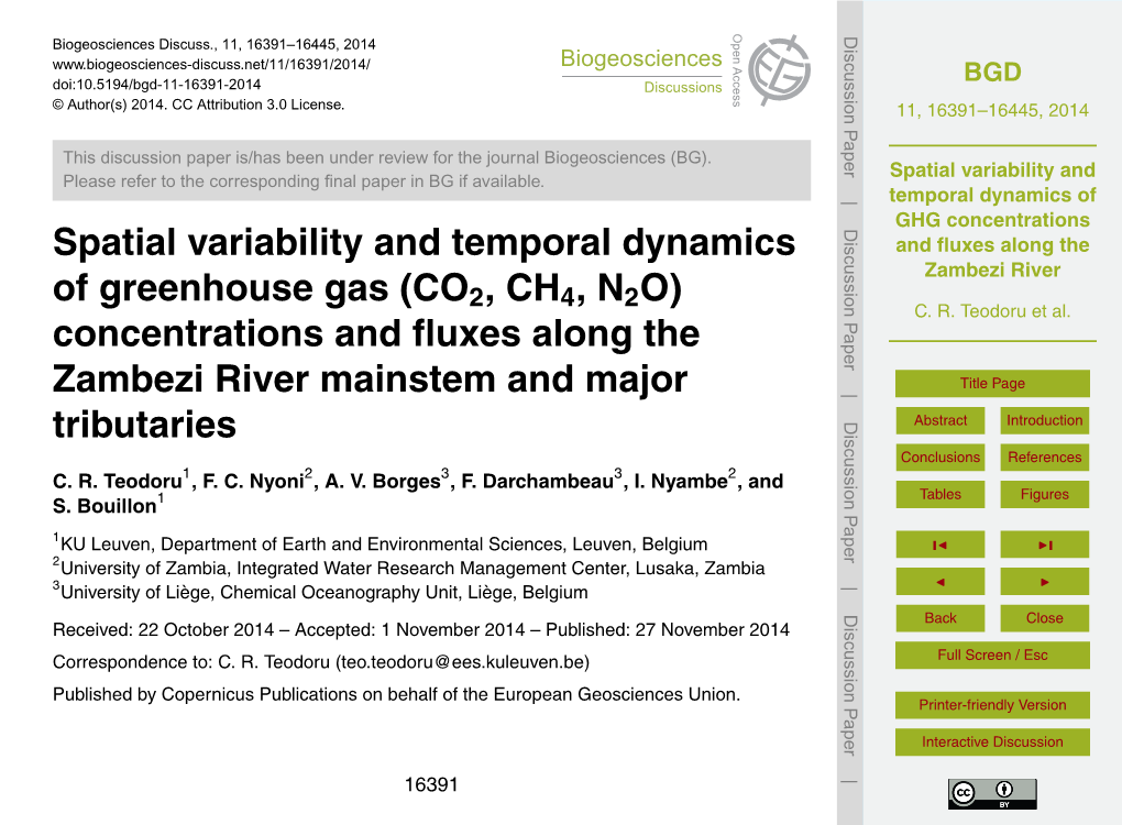 Spatial Variability and Temporal Dynamics of GHG Concentrations and ﬂuxes Along the Zambezi River