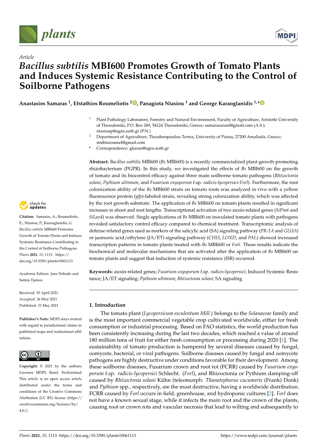 Bacillus Subtilis MBI600 Promotes Growth of Tomato Plants and Induces Systemic Resistance Contributing to the Control of Soilborne Pathogens