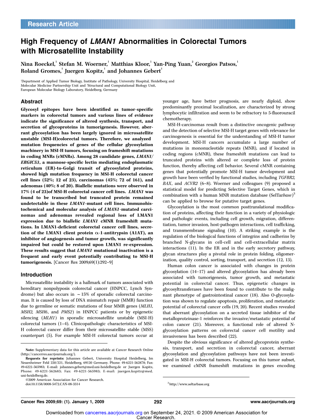 High Frequency of LMAN1 Abnormalities in Colorectal Tumors with Microsatellite Instability